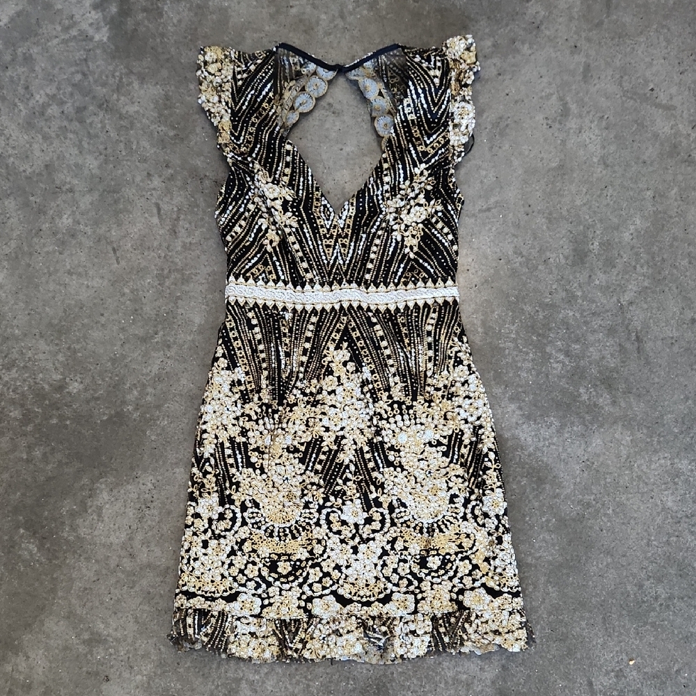 Hello Molly Gold and Black Ruffled Sheath Dress